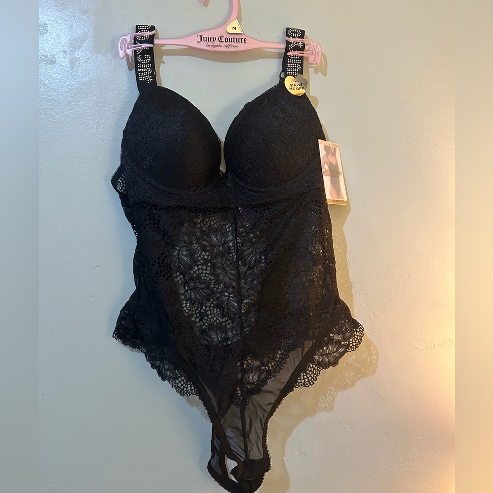 Juicy Couture SKINNYGIRL Lace Bodysuit + Rhinestone Logo Straps size Large. NWTS